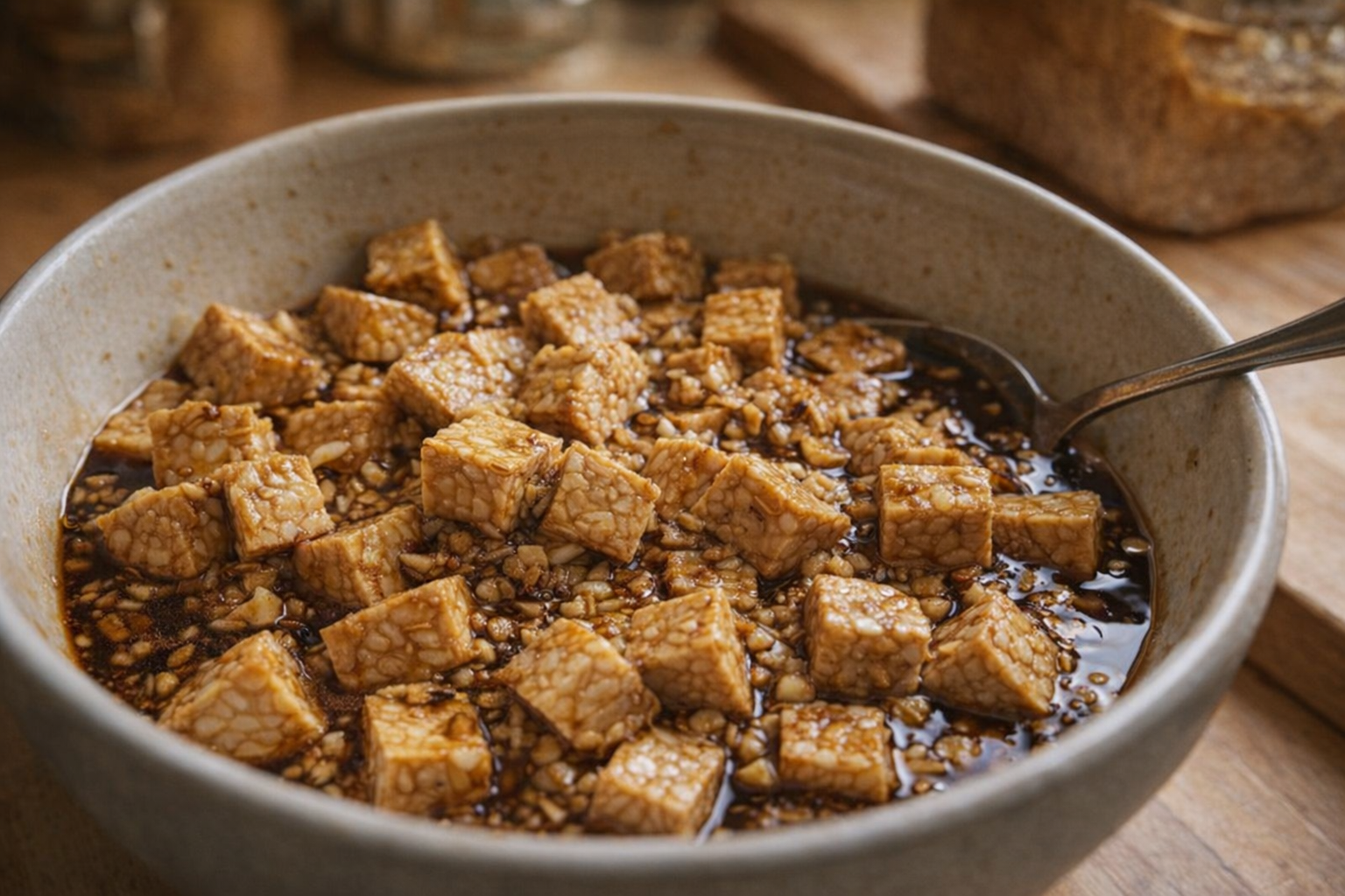 A close-up shot of cubed tempeh marinating in a bowl with soy sauce, ginger, and garlic, warm ambient lighting